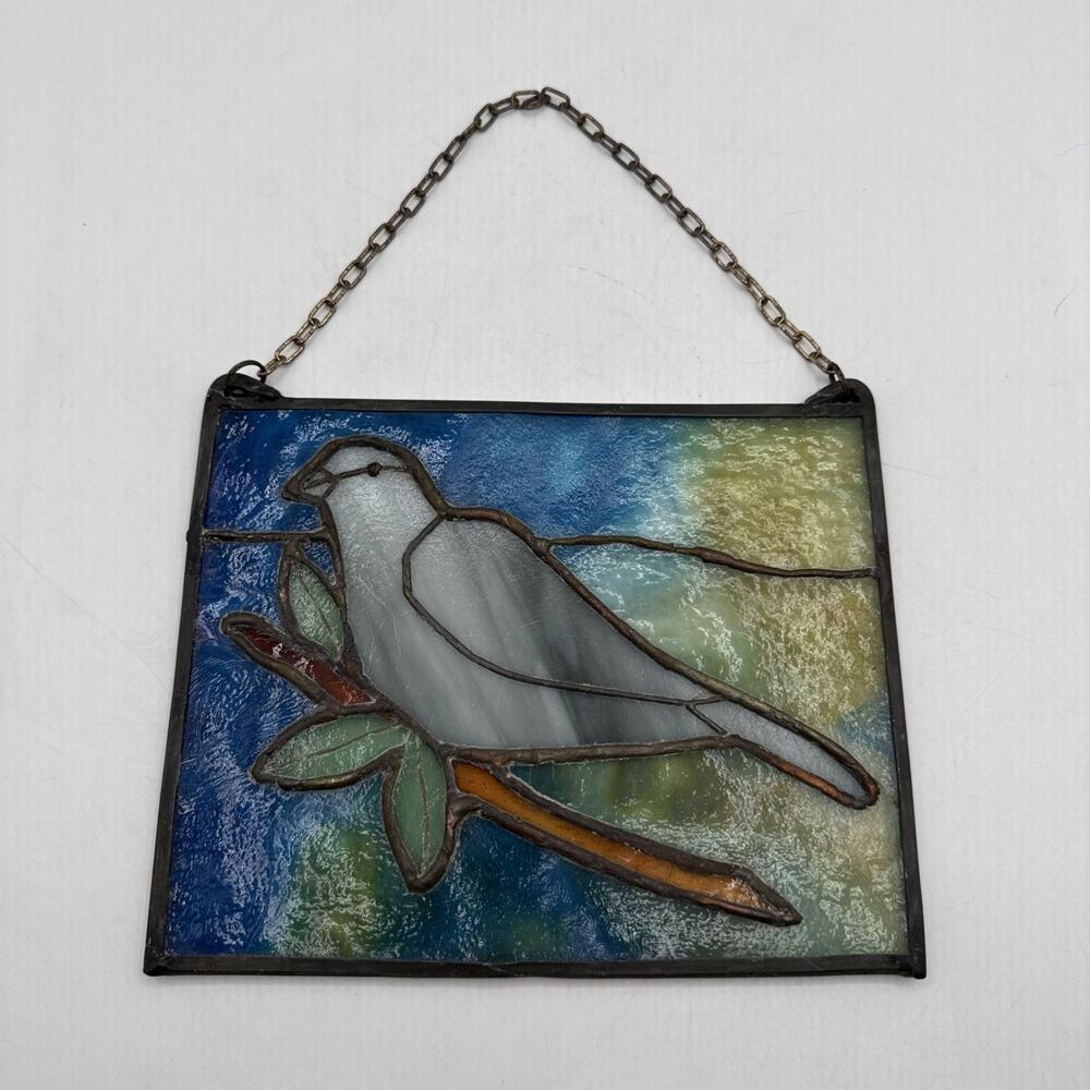 Vintage Hand Crafted Stained Glass Bird On A Branch Sun Catcher Hanging 8”